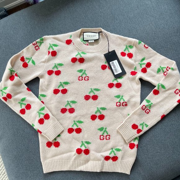 Gucci GG & Cherry Beige Intarsia Wool Knit Sweater - SIZE XXXS ✨NEW WITH TAG - Picture 2 of 7
